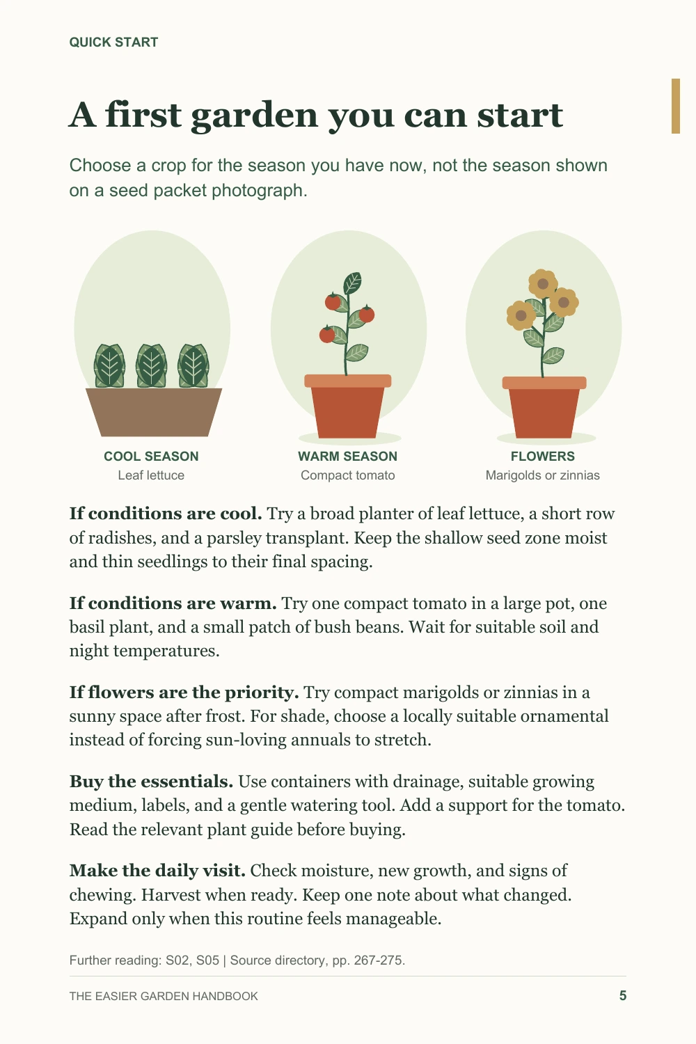 Sample page 5: A first garden you can start, with illustrated cool-season, warm-season, and flower options